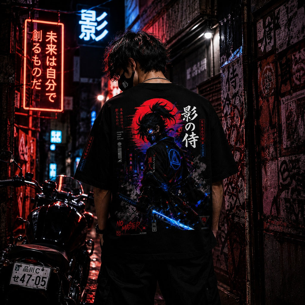 Person wearing a black t-shirt with a graphic design in a neon-lit urban setting