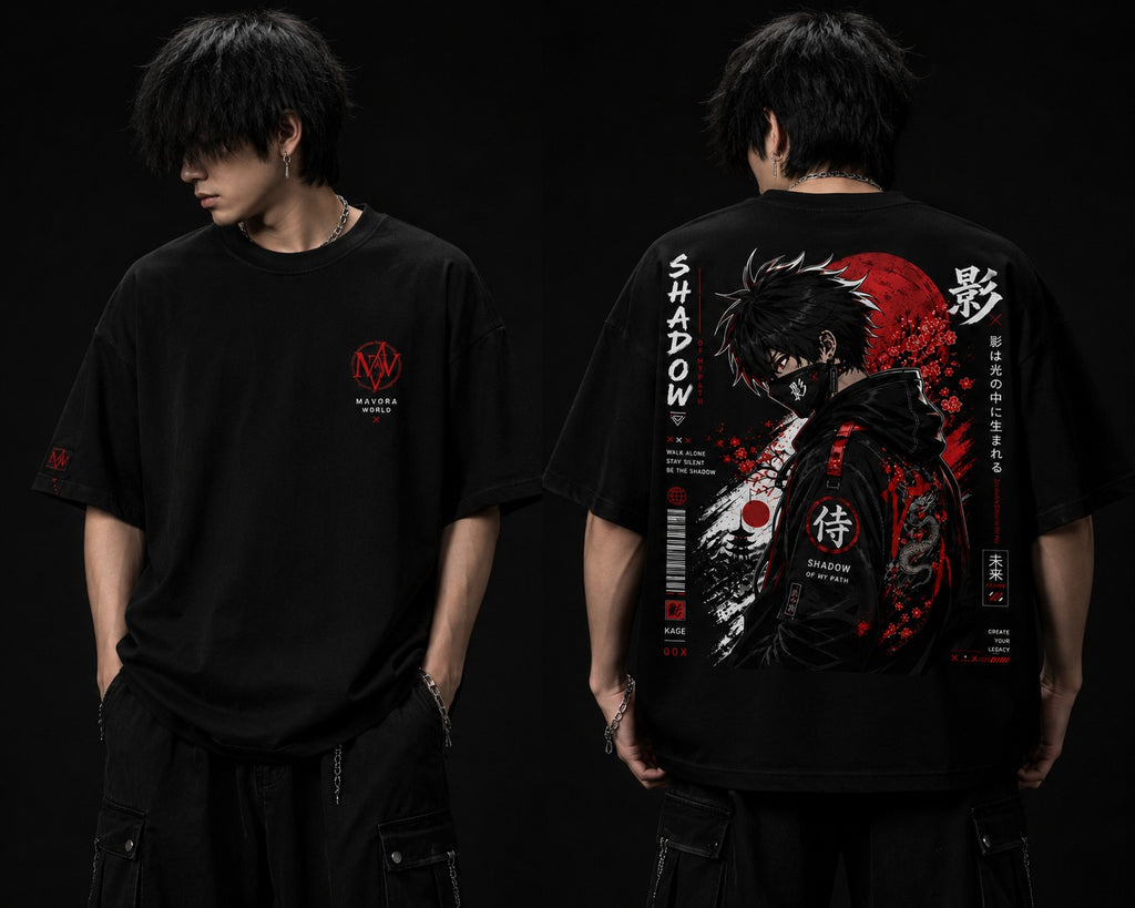 Person wearing a black t-shirt with a red and white graphic design on the back, standing against a black background.