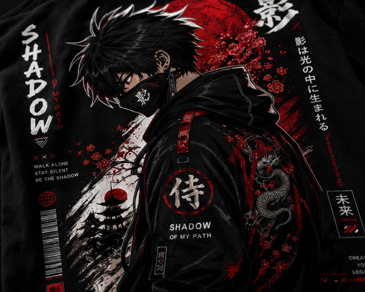 Character design with 'Shadow' theme, featuring a hooded figure and Japanese text.