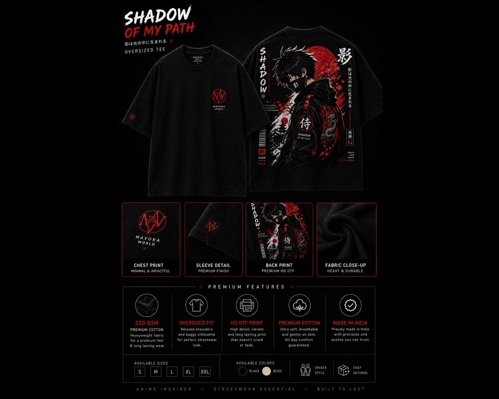 Black t-shirt with graphic design and text 'Shadow of My Path' on a black background