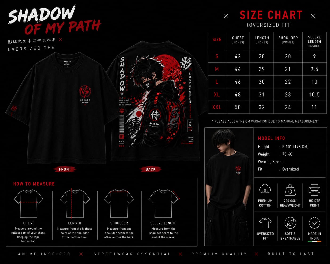 Black oversized t-shirt with red and white graphic design, size chart, and measurement guide on a black background.