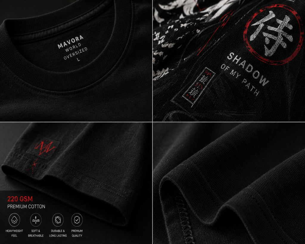 Collage of black t-shirts with text and logos on a dark background