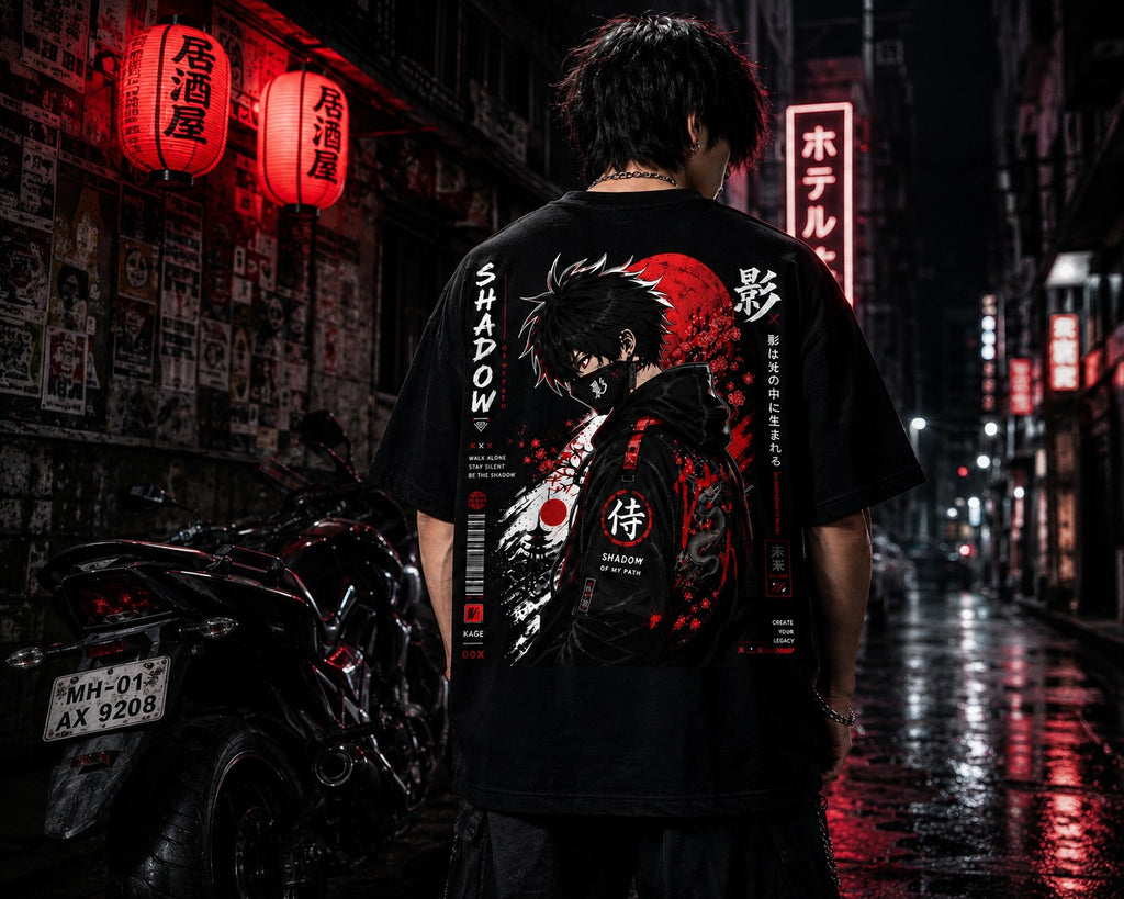 Person wearing a black t-shirt with a graphic design in an urban setting at night.