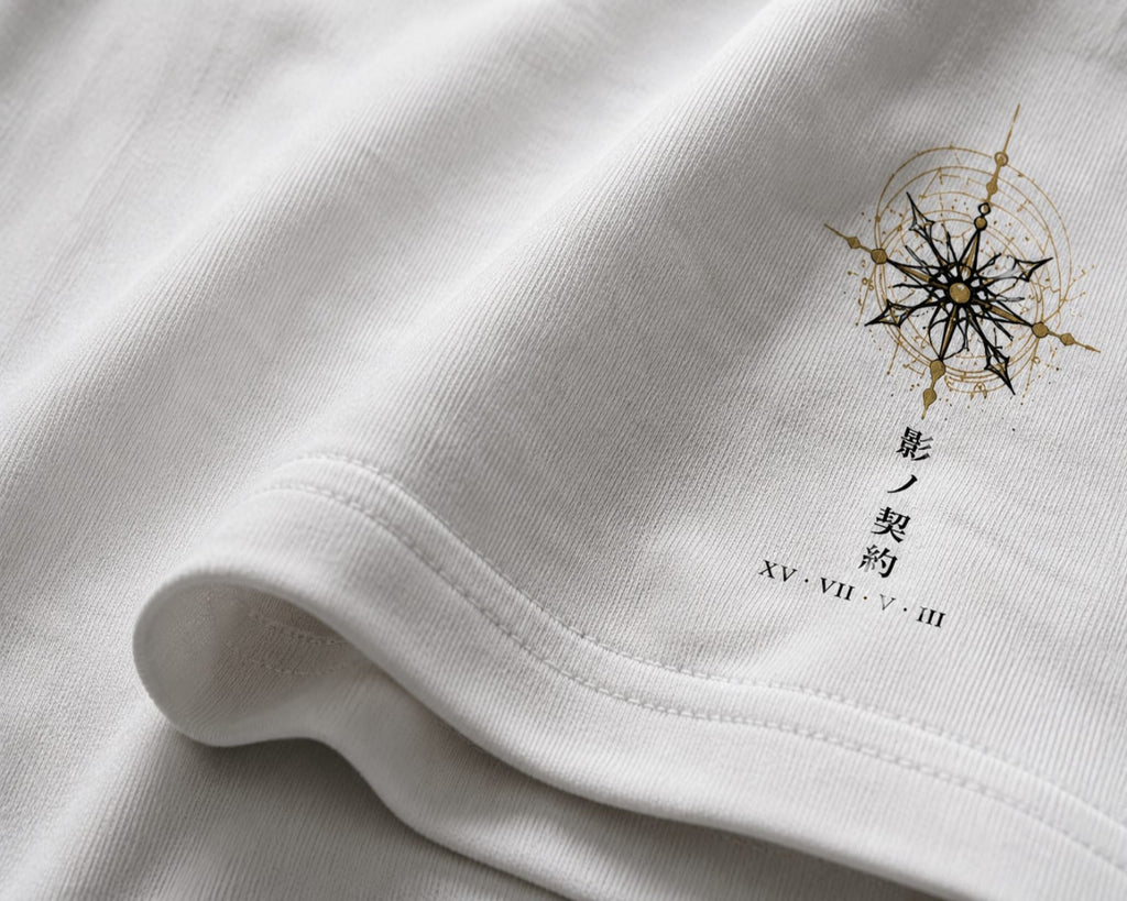 White fabric with a black compass design and text on a white background