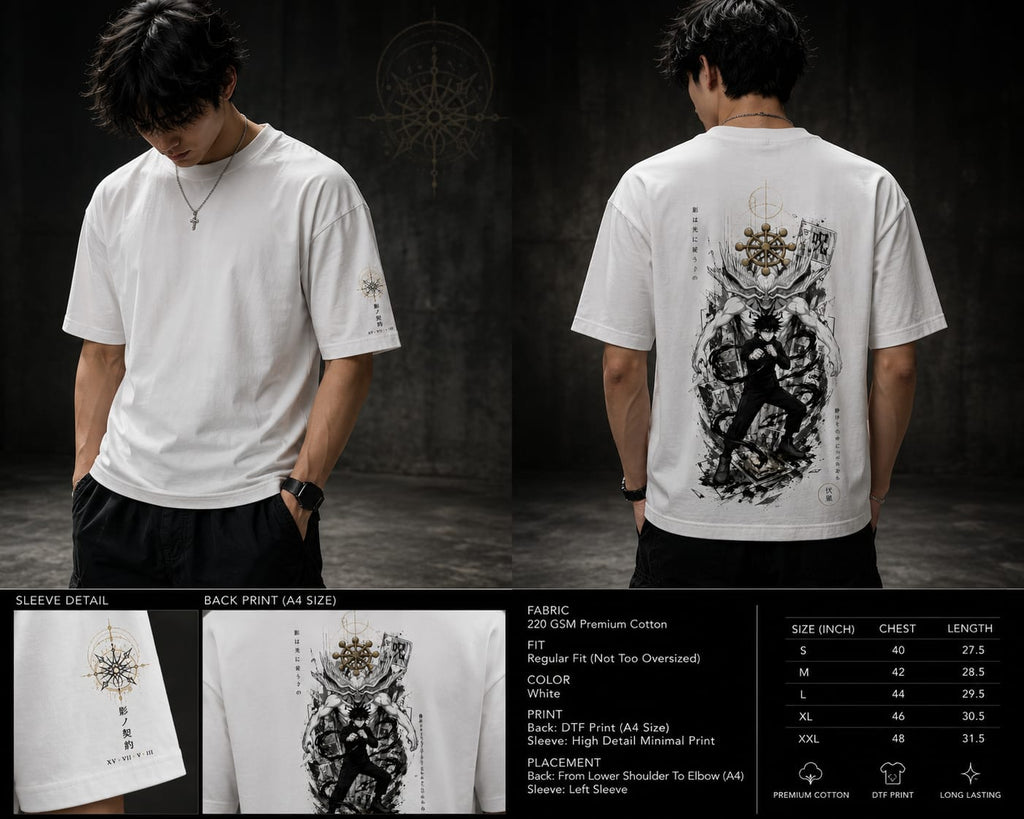 White t-shirt with black graphic design on a dark background