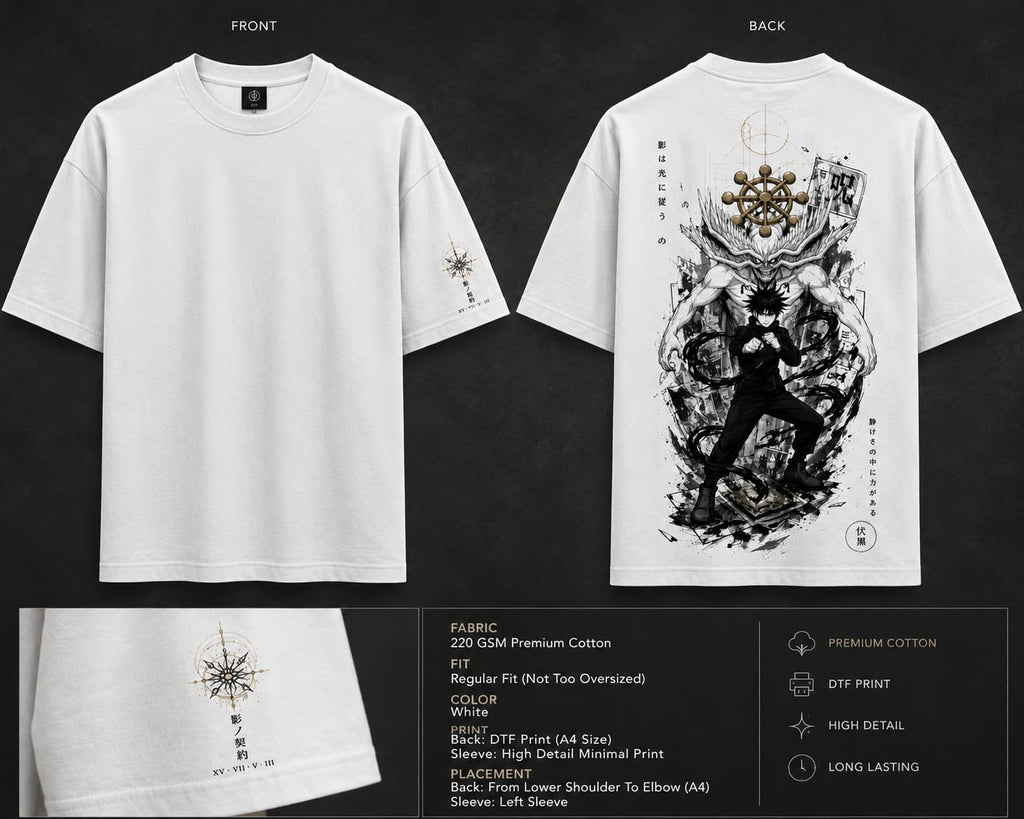 White t-shirt with black graphic design on front and back, fabric details included.