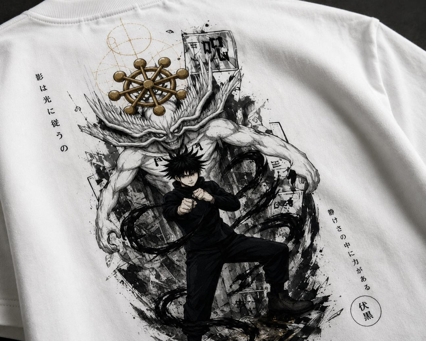White t-shirt with black and white graphic design featuring a character in a fighting pose, with Japanese text on a dark background.