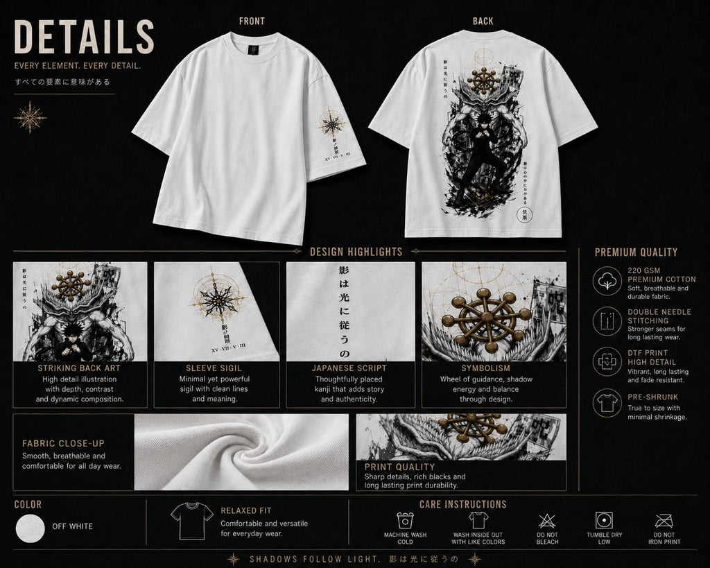 White t-shirt with black graphic design on front and back, detailed product information on a black background.