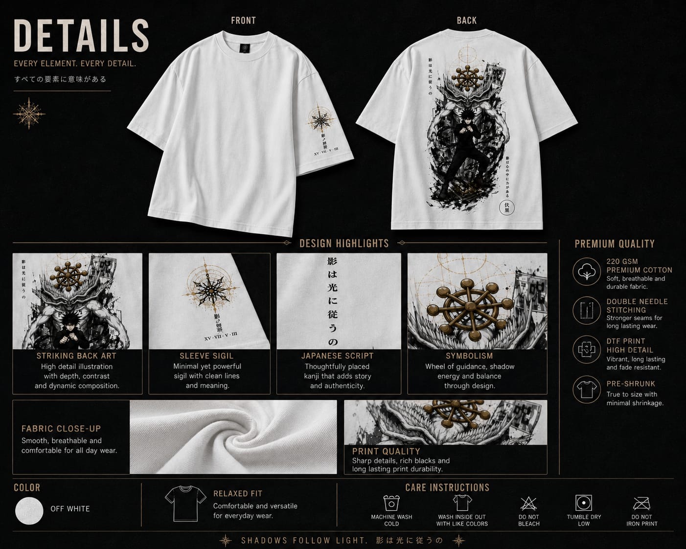 White t-shirt with black graphic design on front and back, detailed product information on a black background.