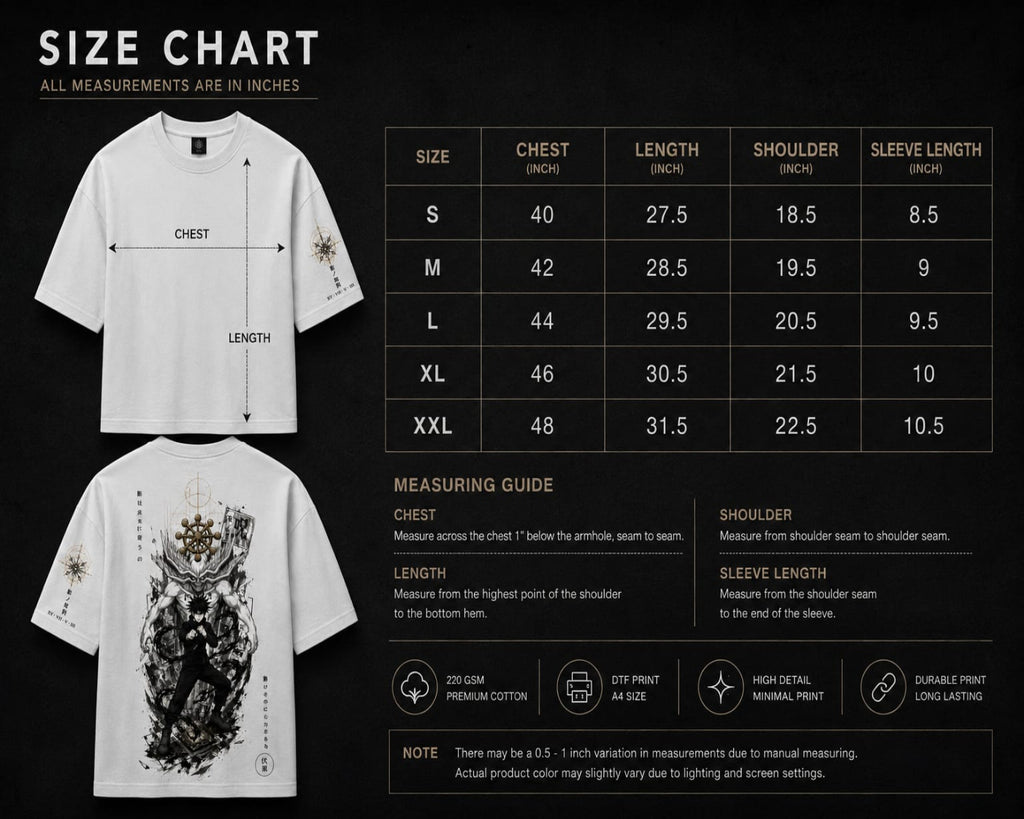 White t-shirt with black graphics and size chart on a black background