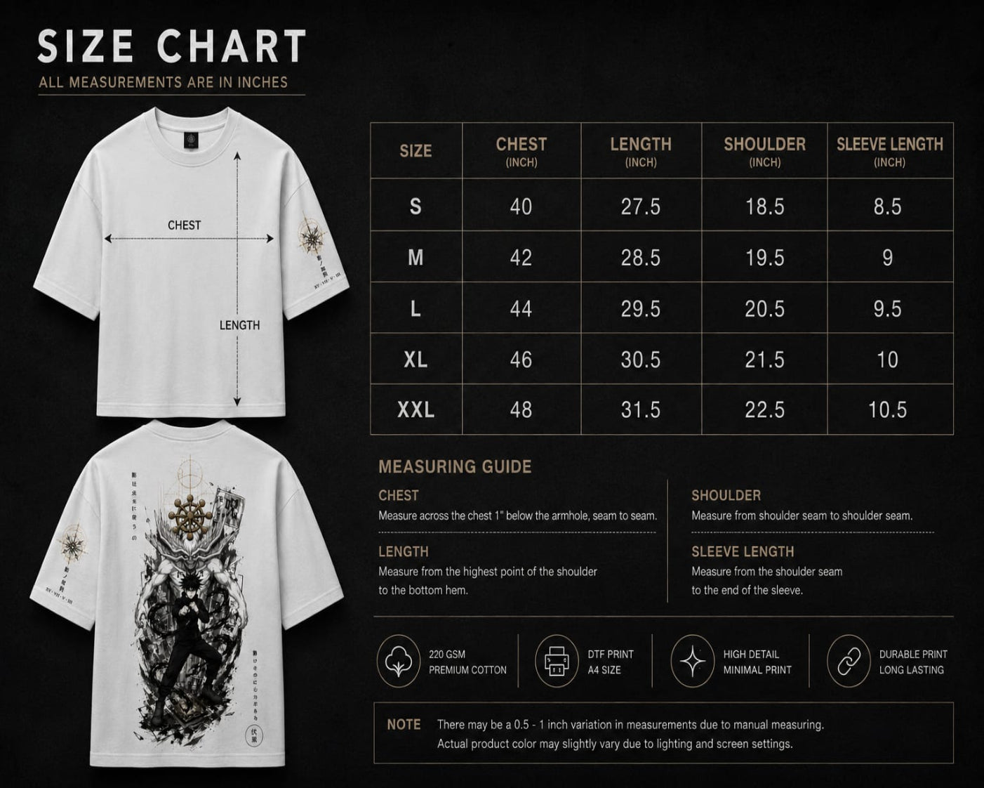 White t-shirt with black graphics and size chart on a black background