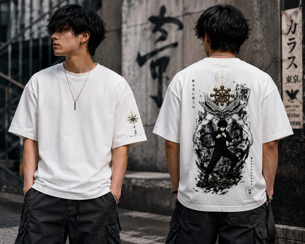 Two people wearing white t-shirts with black designs, one facing forward and one showing the back design.