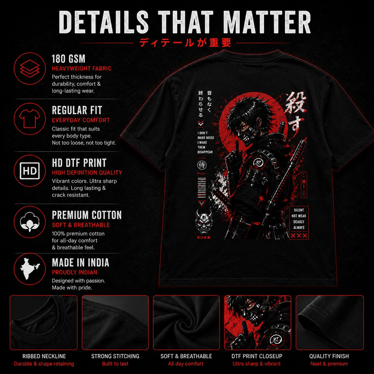MAVORA Silent Killer black regular-fit graphic T-shirt in a neon street setting