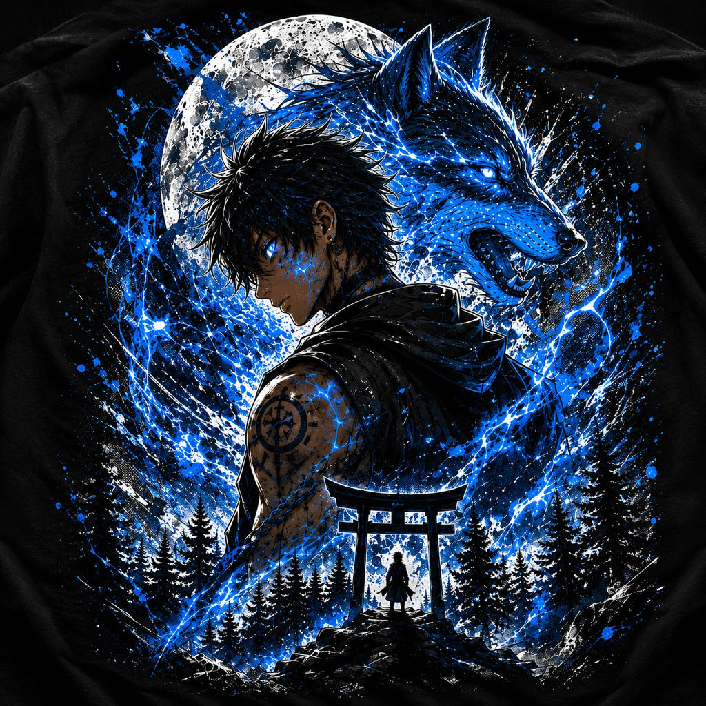 T-shirt design with a person and wolf silhouette, moon, and forest
