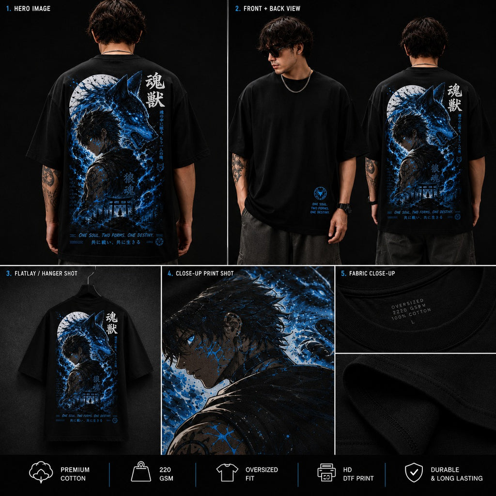 Black t-shirt with blue graphic design on the back, shown from multiple angles.