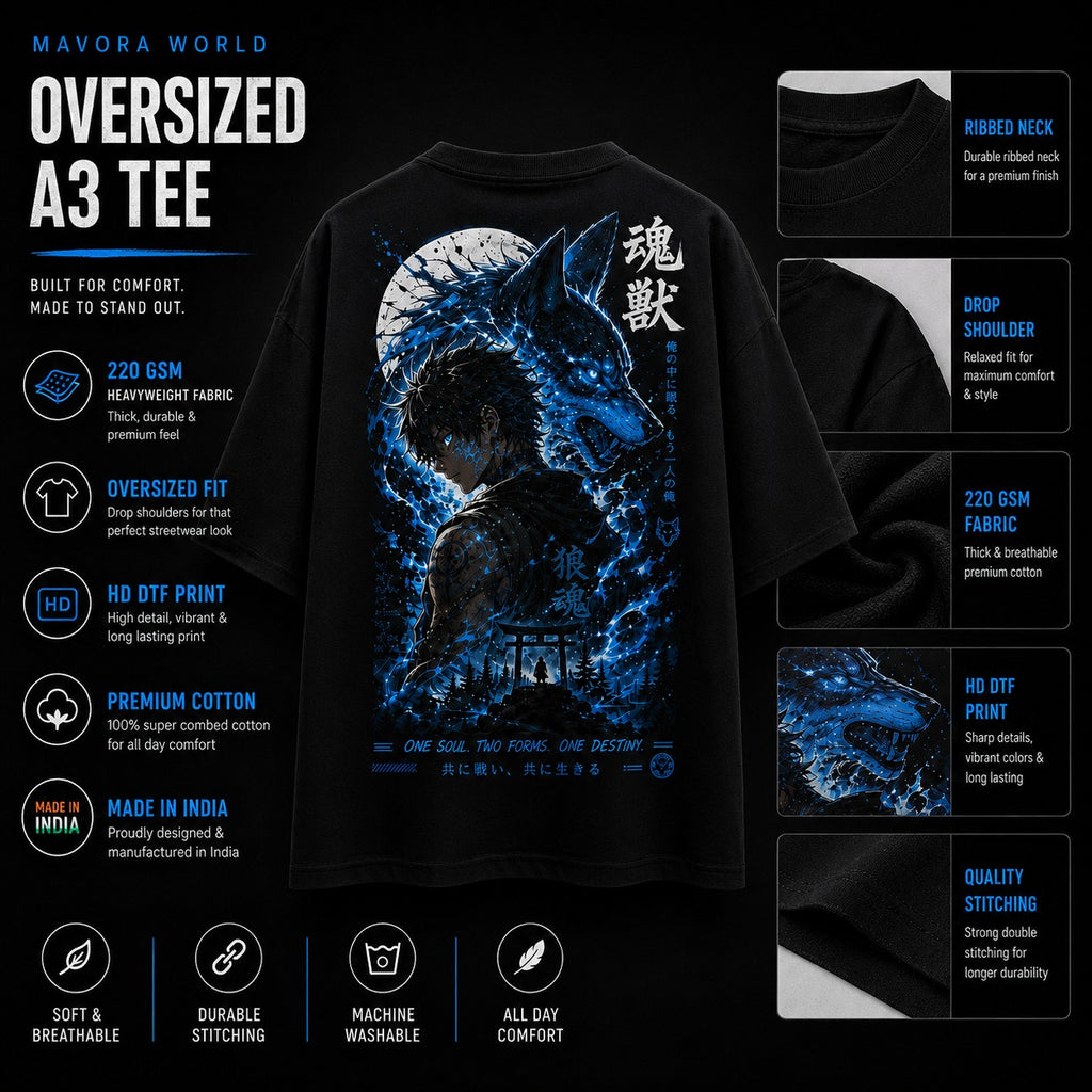Black t-shirt with blue graphic design on a black background