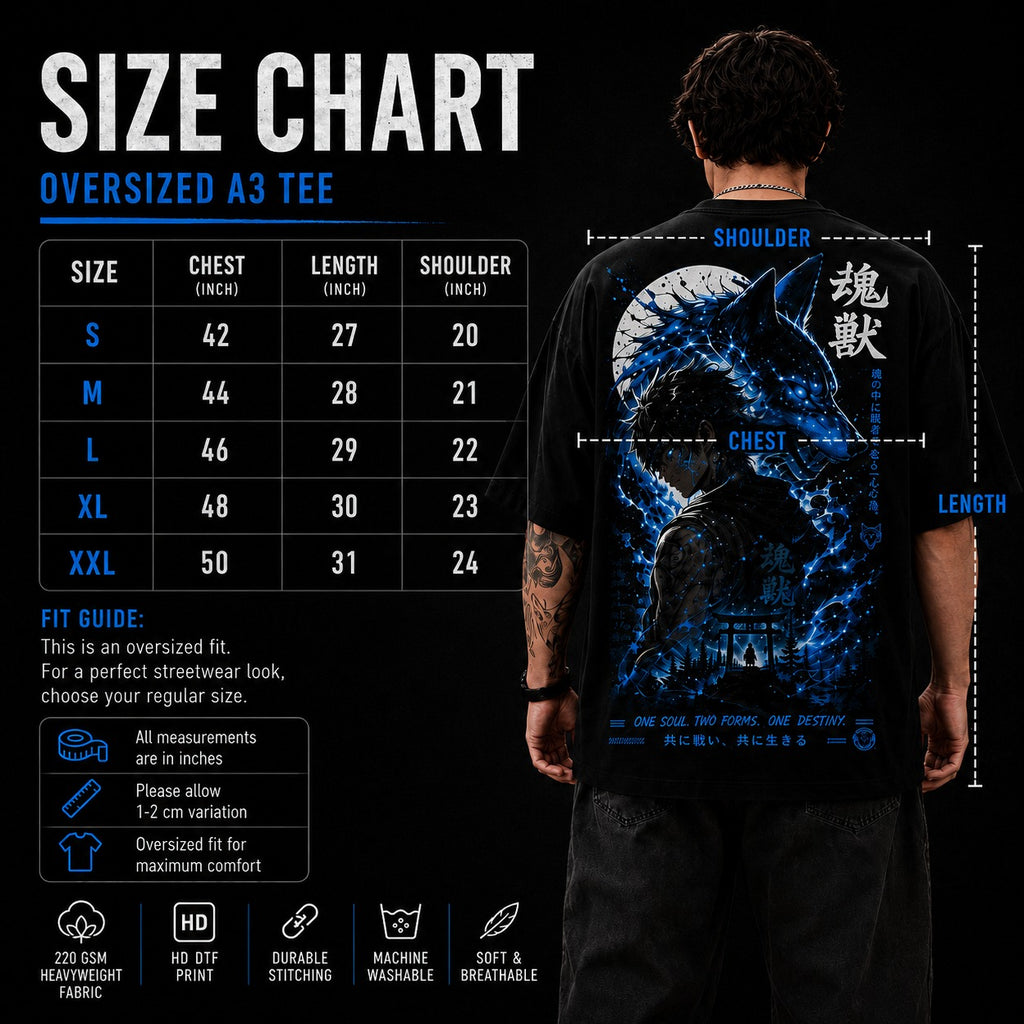 Size chart for an oversized A3 tee with a graphic design on the back, displayed against a black background.