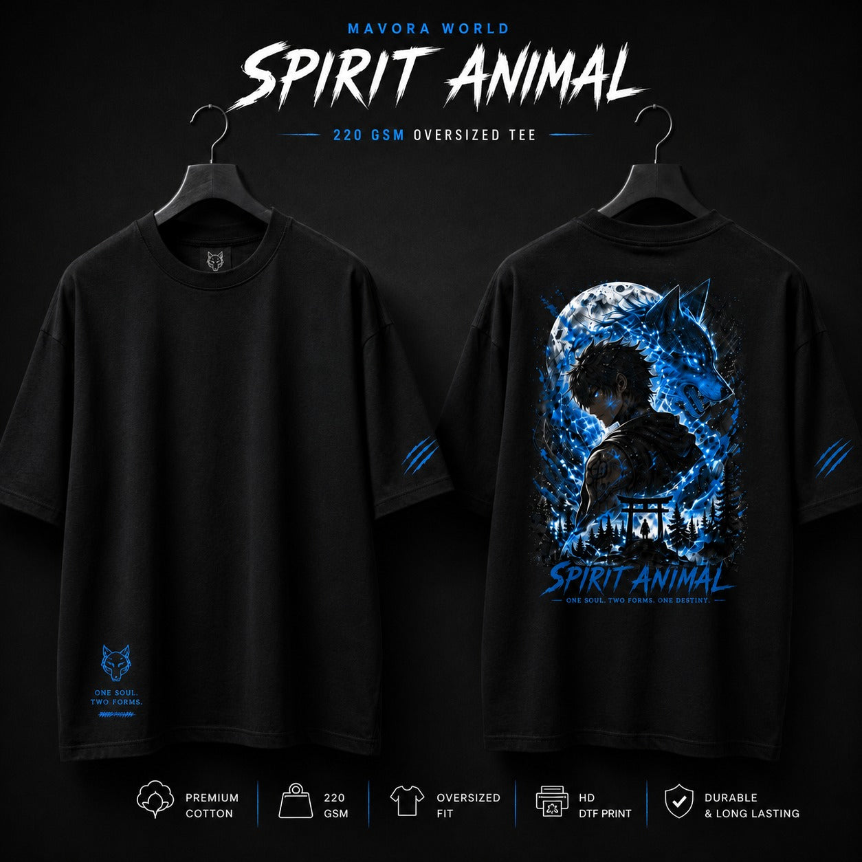 Black t-shirt with 'Spirit Animal' graphic design on a dark background