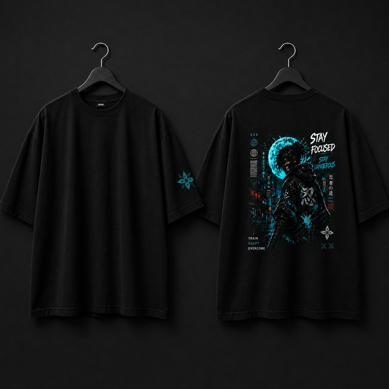 Black t-shirt with graphic design on a dark background
