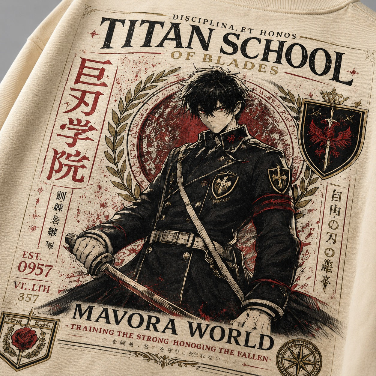 T-shirt design with a character in a school uniform and text 'Titan School of Blades' on a beige background.