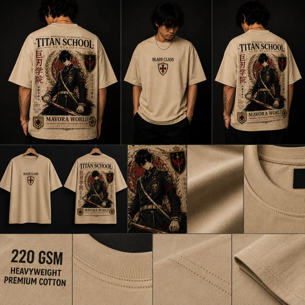 Collage of a beige t-shirt with graphic designs and text, including 'Titan School' and 'Mavora World'.