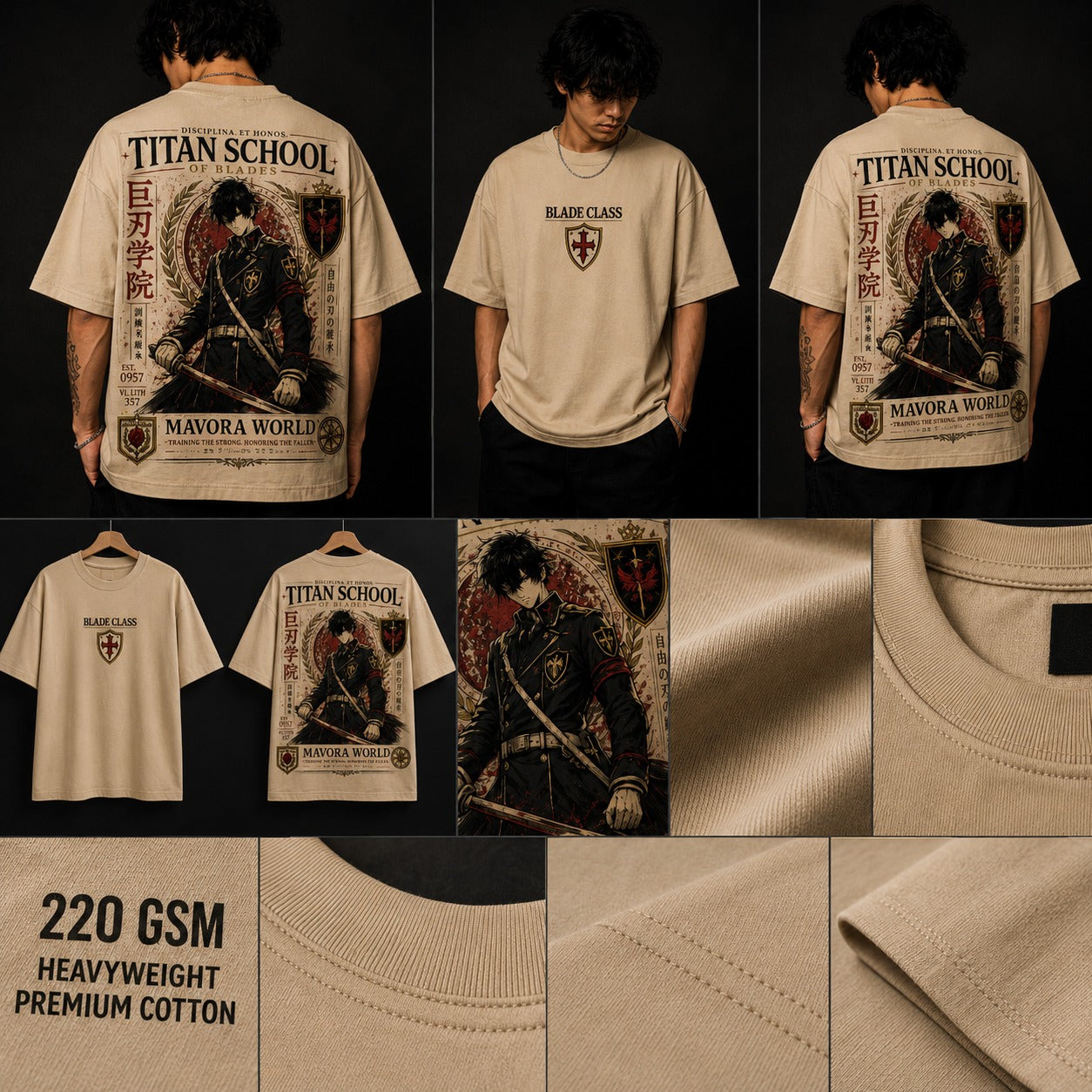 Collage of a beige t-shirt with graphic designs and text, including 'Titan School' and 'Mavora World'.