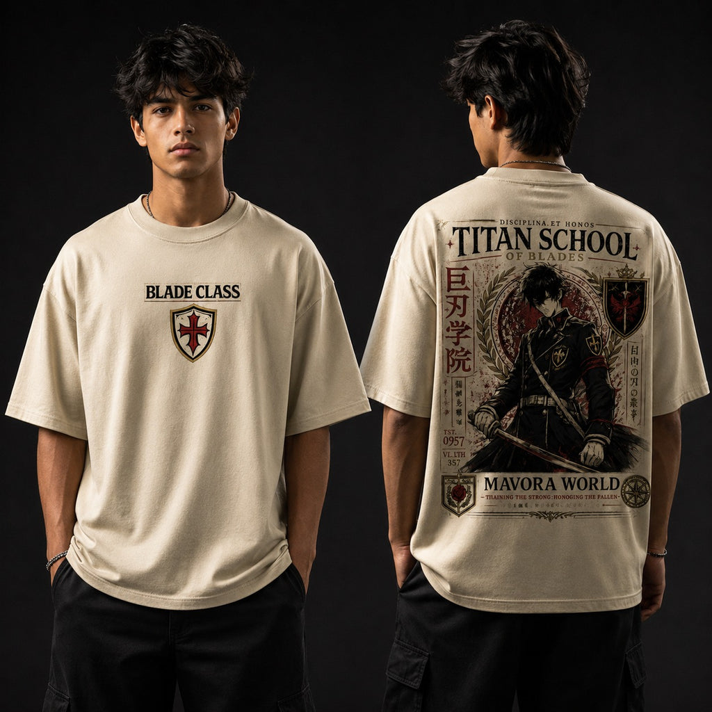 Person wearing a white t-shirt with 'Blade Class' and 'Titan School' designs on a black background