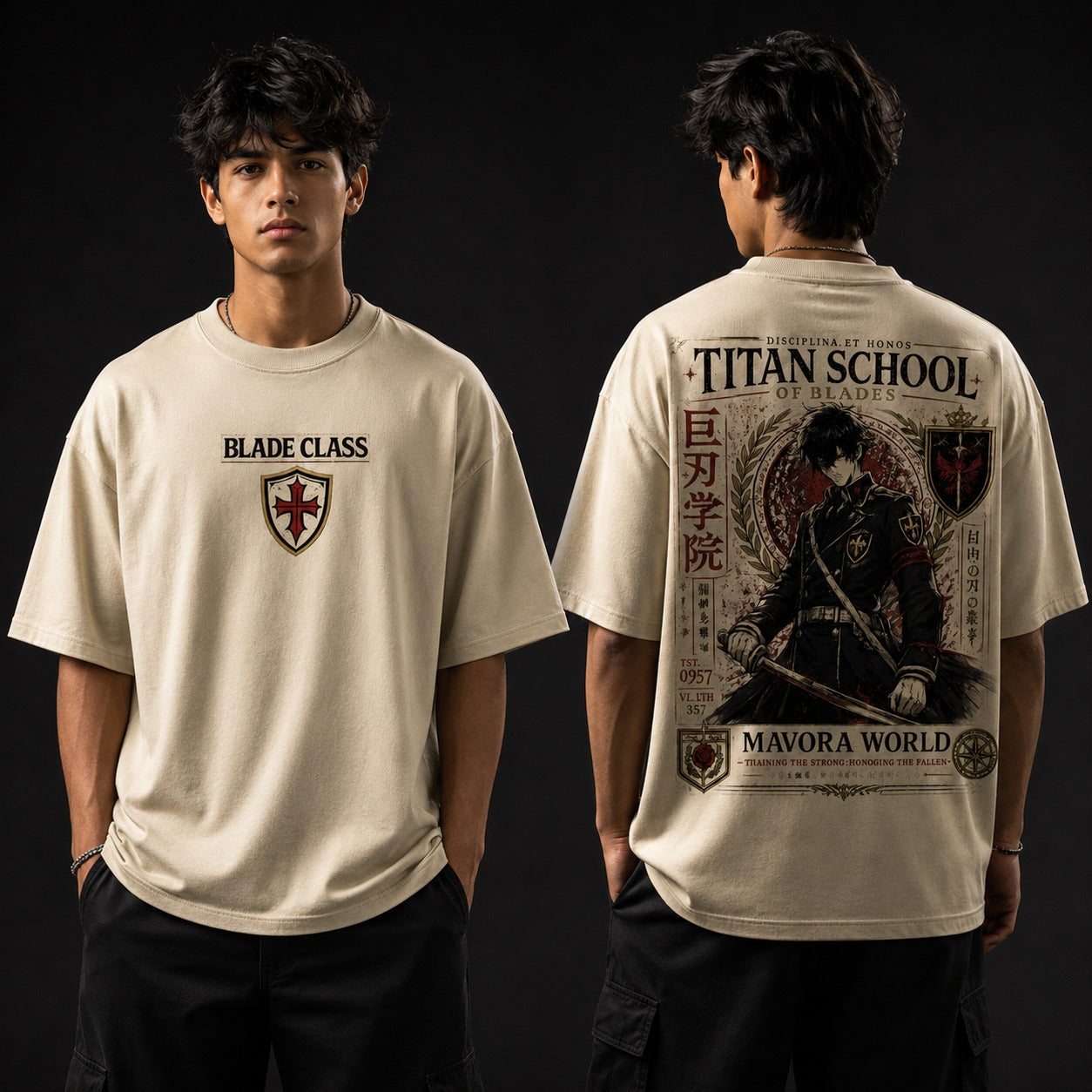 Person wearing a white t-shirt with 'Blade Class' and 'Titan School' designs on a black background