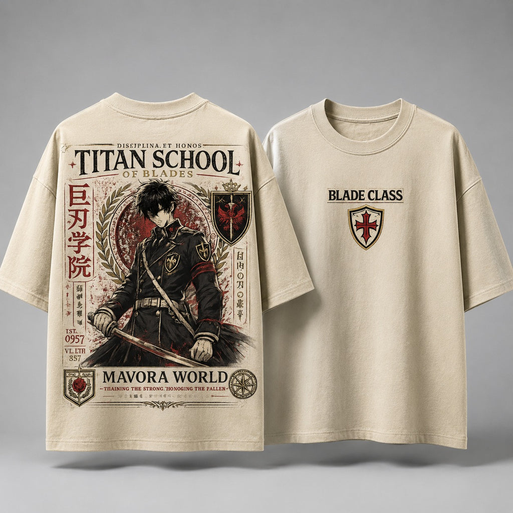 Beige t-shirt with graphic design featuring a warrior and text on a gray background