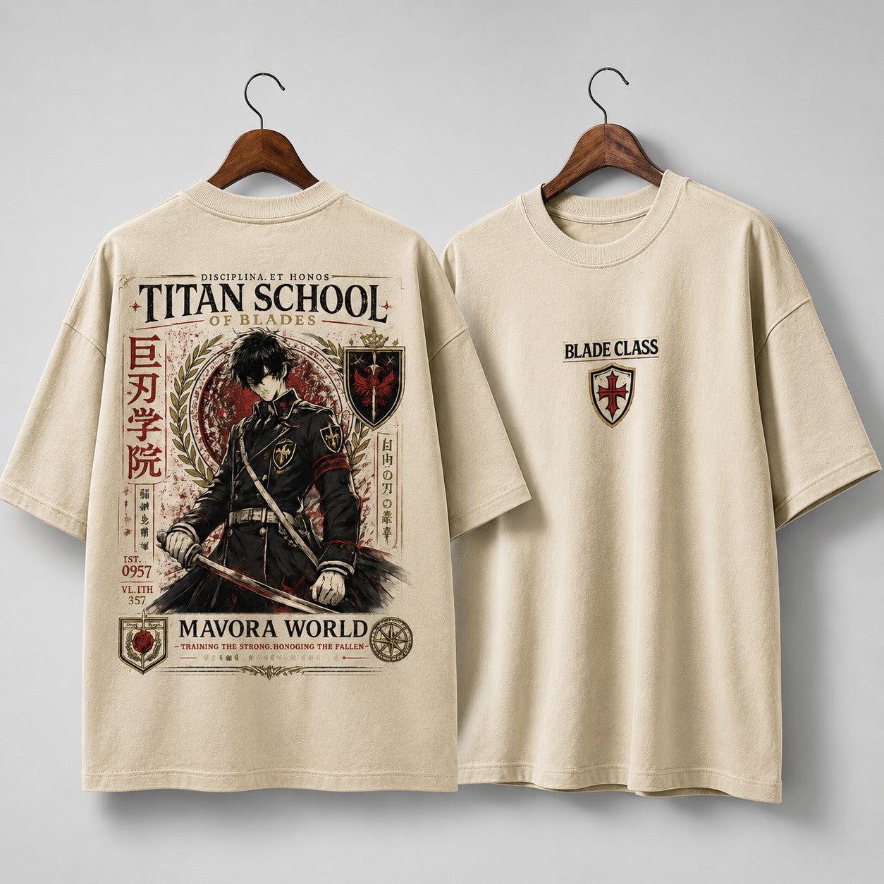 Beige t-shirt with graphic design on a gray background