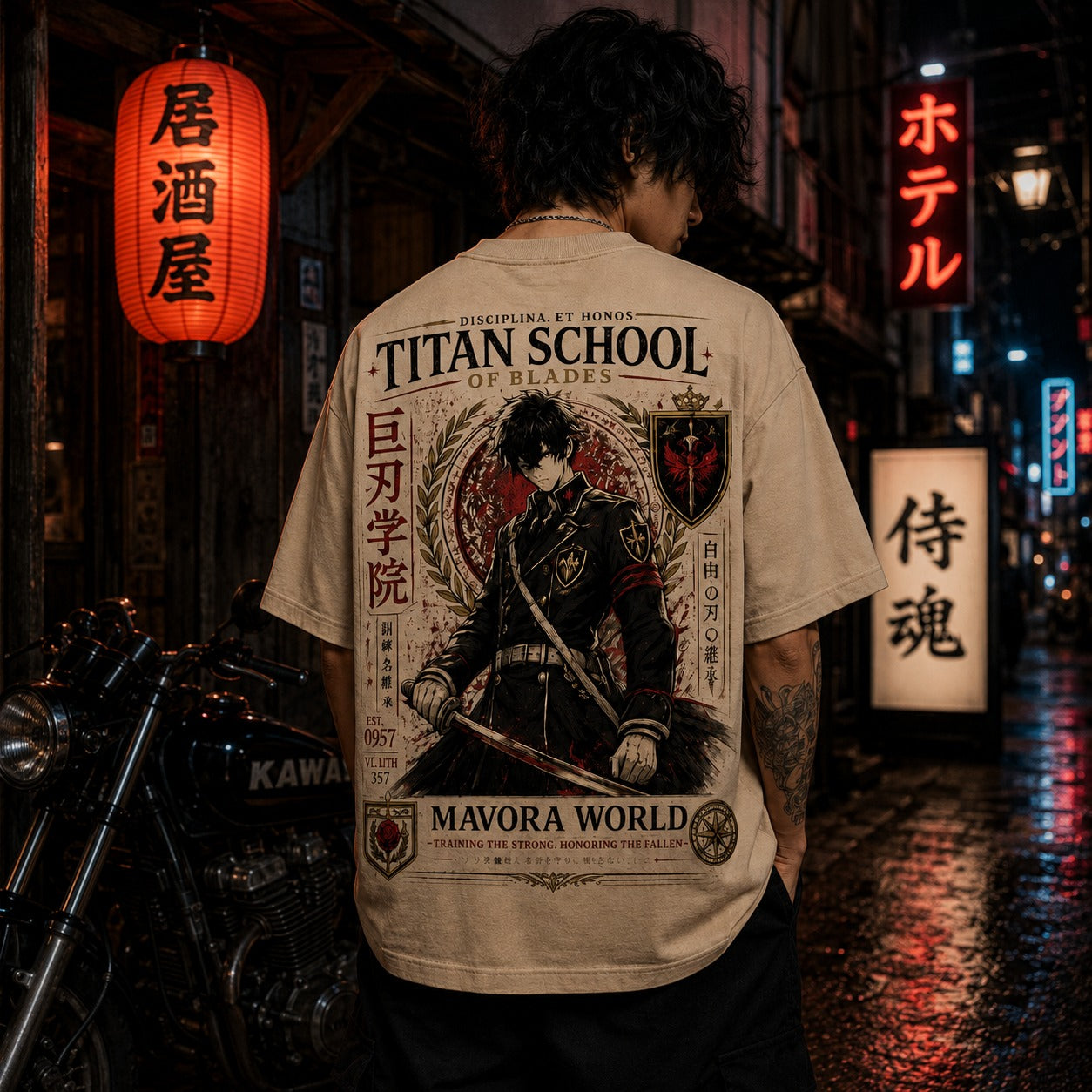 Person wearing a 'Titan School of Blades' t-shirt in a neon-lit street setting.