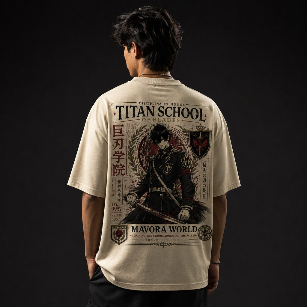 Person wearing a beige t-shirt with a graphic design on the back against a black background