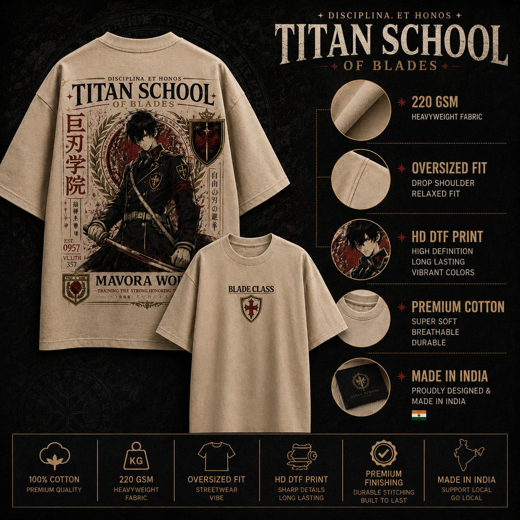 T-shirt with 'Titan School of Blades' design and product details on a dark background