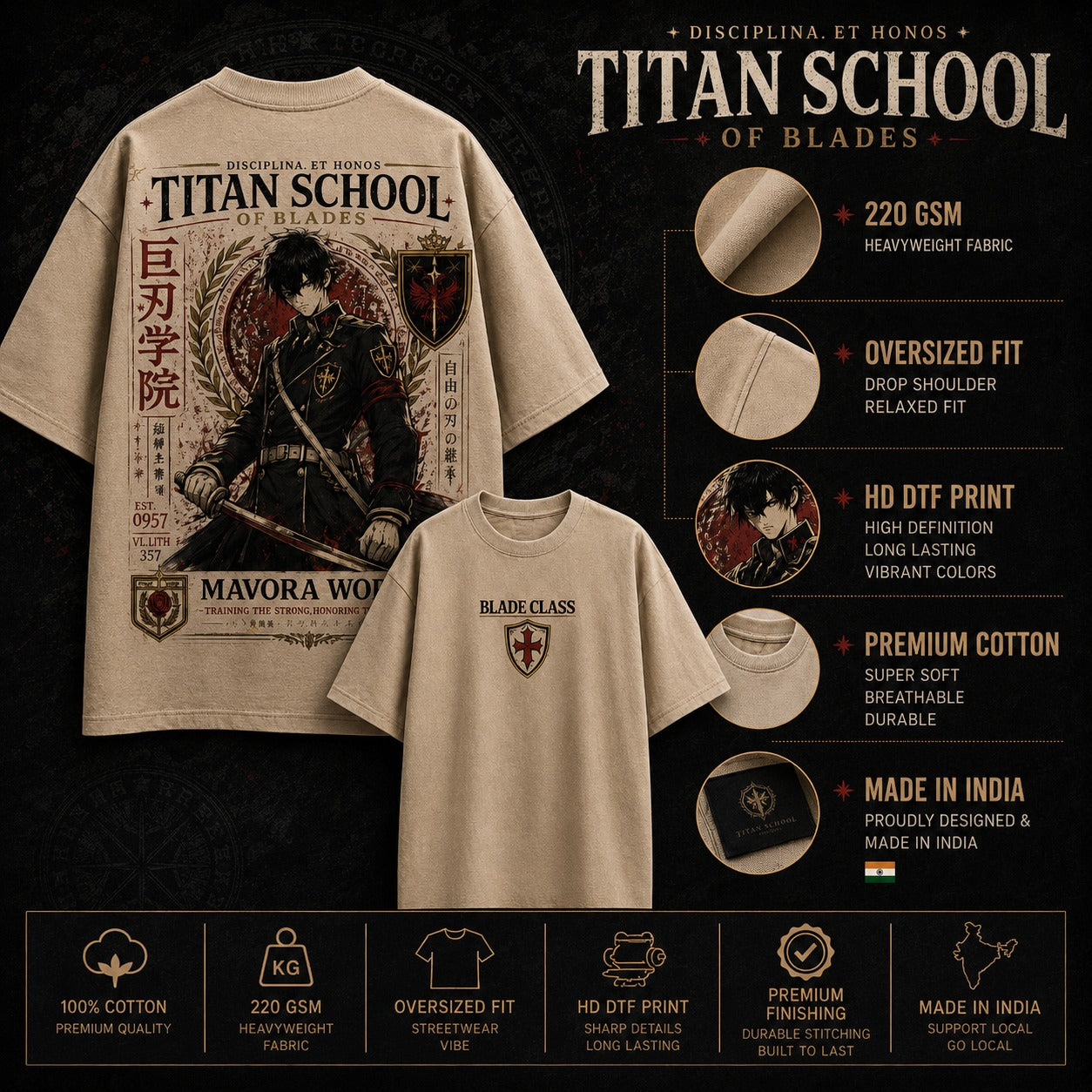 T-shirt with 'Titan School of Blades' design and product details on a dark background