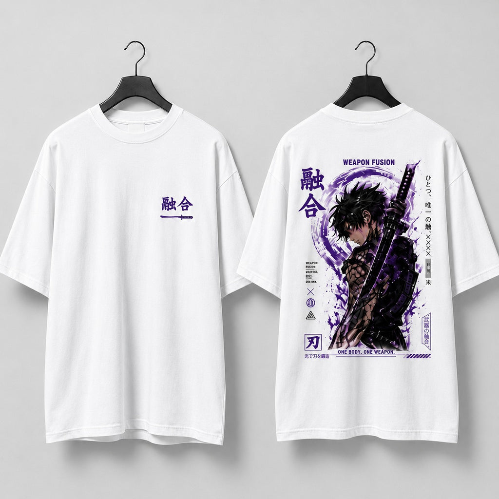 Two white t-shirts on hangers with anime-style designs and text.
