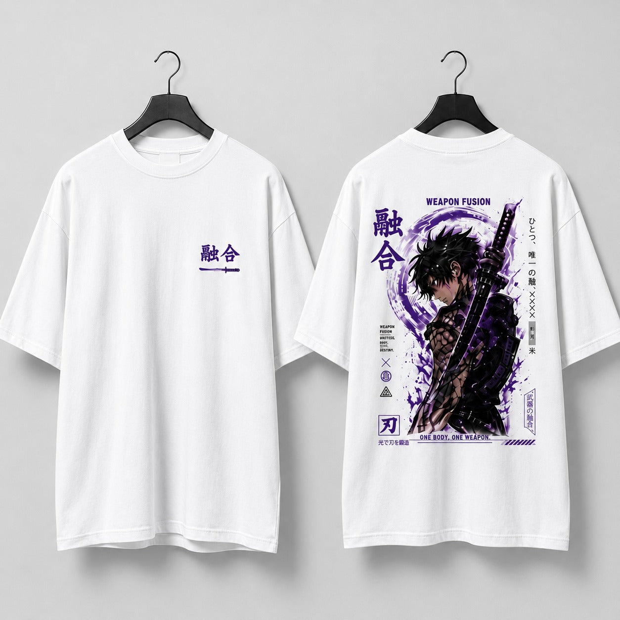 Two white t-shirts on hangers with anime-style designs and text.