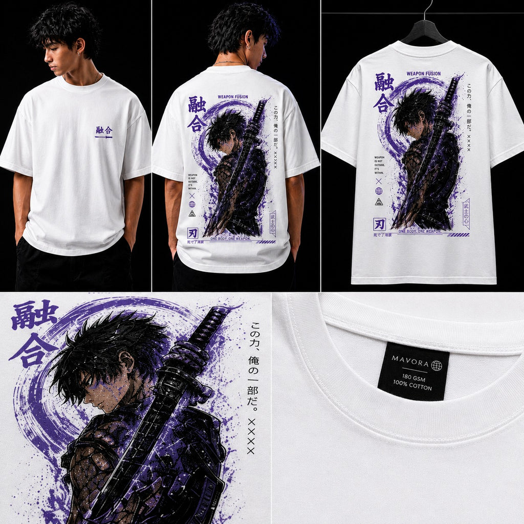 White t-shirt with a graphic design of a character holding a sword, displayed on a person and shown from different angles.