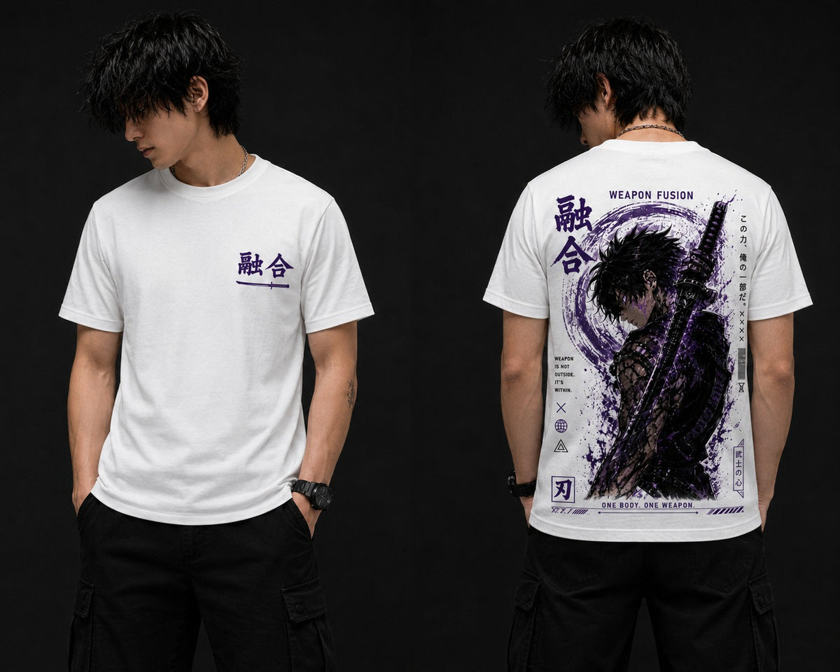 A model shown from the front and back wearing a white graphic t-shirt. The front features a small purple Japanese character print on the left chest, while the back displays a large, detailed dark purple and black illustration with Japanese text and the English phrase 'WEAPON FUSION'.