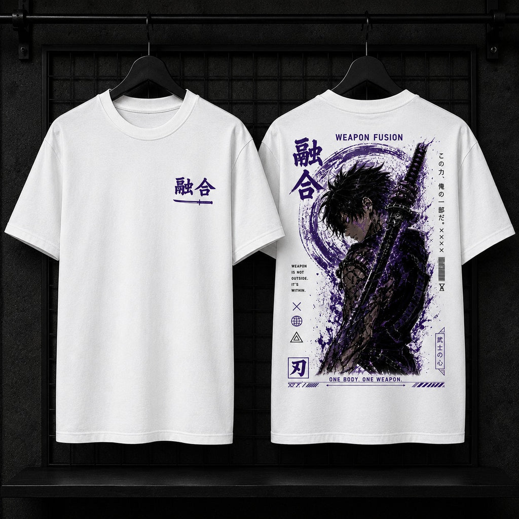 Two white short-sleeve T-shirts hanging on black hangers against a dark display rack, showing the front and back designs. The front has a small dark purple Japanese graphic on the left chest.
