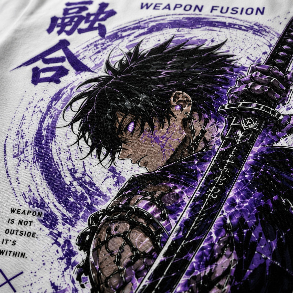 Close-up of a graphic t-shirt featuring an anime-style character holding a sword, with purple and black artwork on a white background. Visible text includes 'WEAPON FUSION' and Japanese characters.
