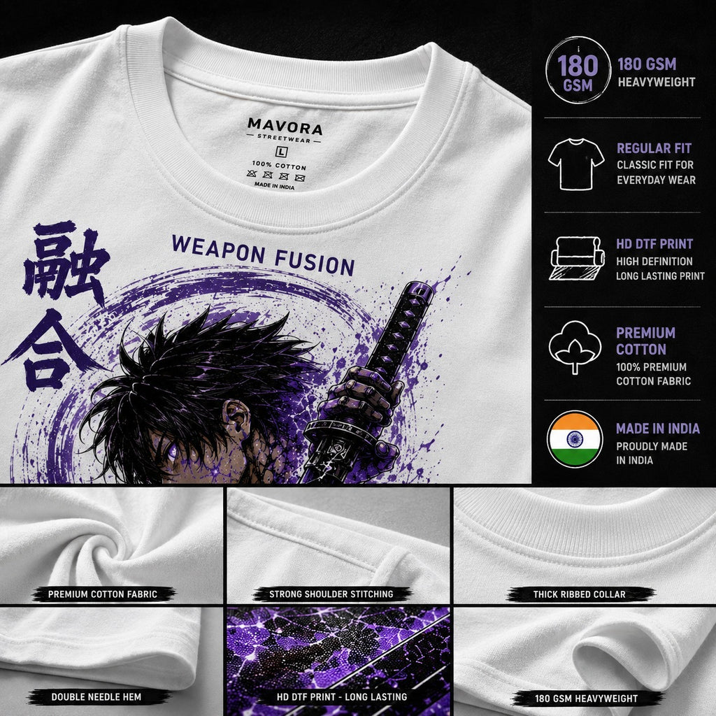 White short-sleeve T-shirt with a purple and black anime-style graphic and the text 'WEAPON FUSION' on the chest. The image includes a product info panel on the right with 'MAVORA' branding, '180 GSM HEAVYWEIGHT', fit and print benefits, a Made in India badge, and four detail panels showing fabric, stitching, ribbed collar, and print quality.