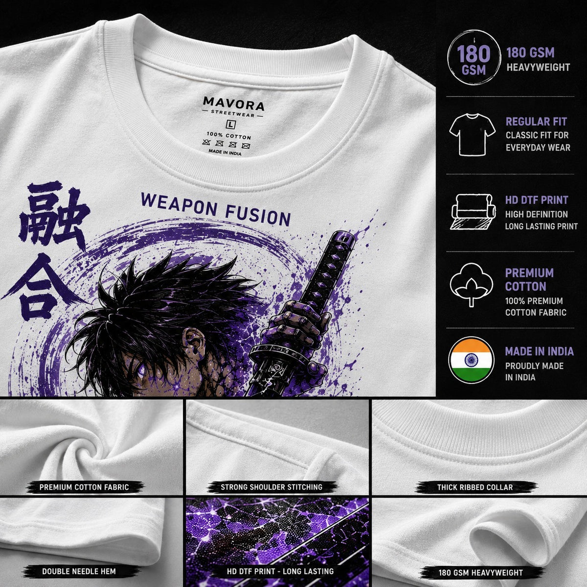 White short-sleeve T-shirt with a purple and black anime-style graphic and the text 'WEAPON FUSION' on the chest. The image includes a product info panel on the right with 'MAVORA' branding, '180 GSM HEAVYWEIGHT', fit and print benefits, a Made in India badge, and four detail panels showing fabric, stitching, ribbed collar, and print quality.