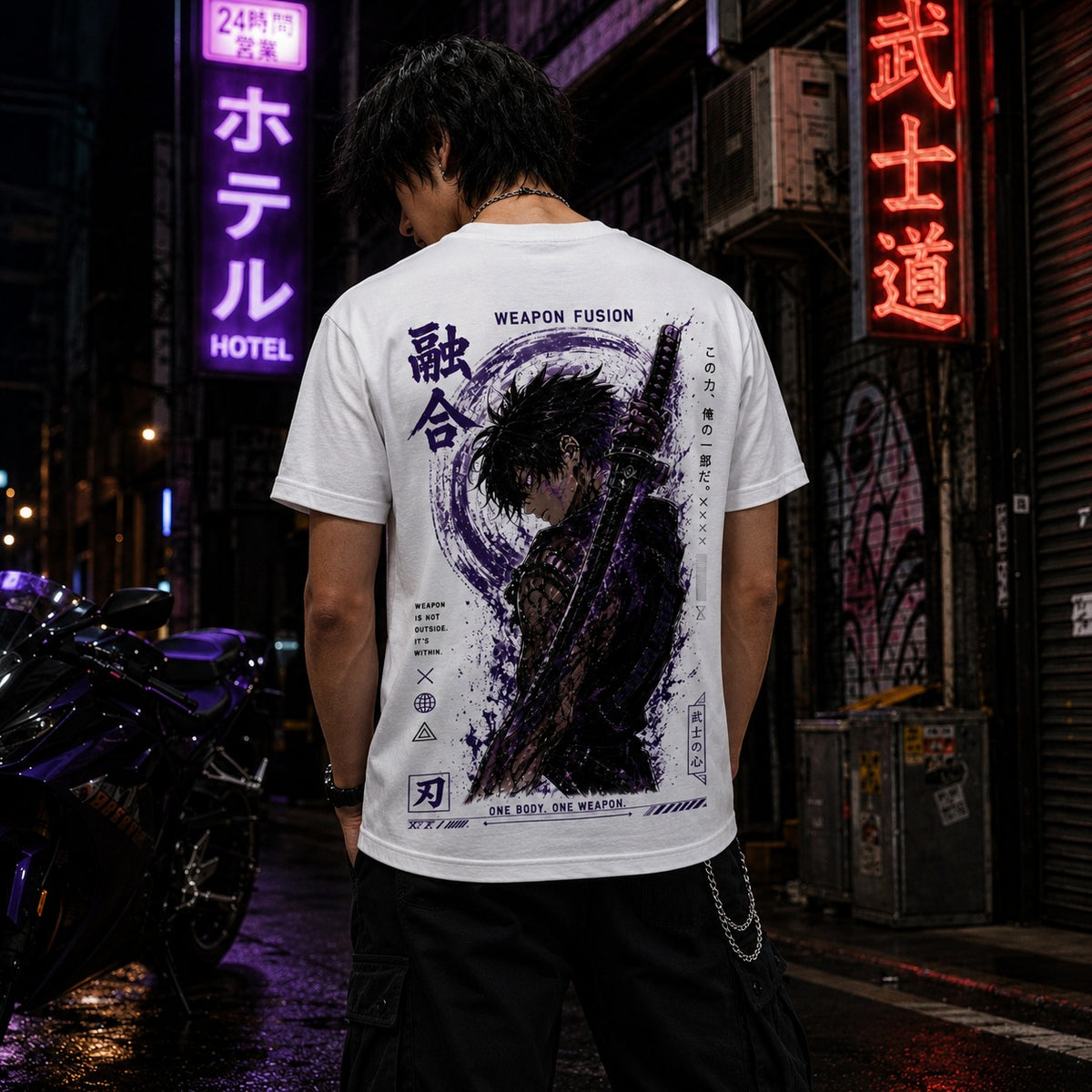 A person standing on a city street at night wearing a white graphic T-shirt with a large dark illustrated print on the back and Japanese text, photographed in an urban neon-lit environment.
