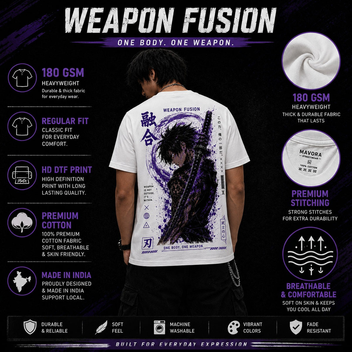 A promotional infographic for a white short-sleeve t-shirt with a large purple and black graphic print on the back, shown on a model from behind. The graphic features a samurai katana and Japanese text.