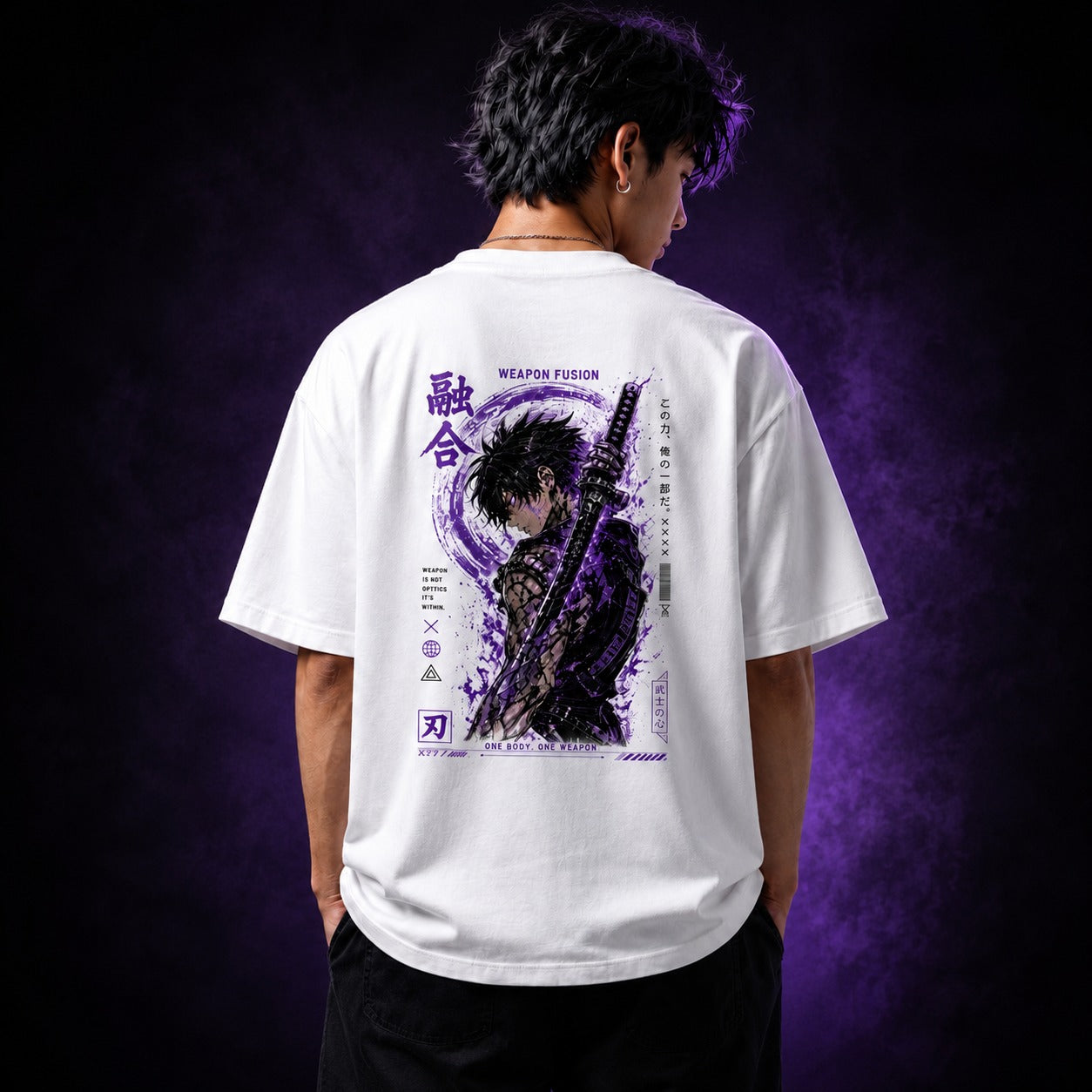 Person wearing a white t-shirt with a graphic design on the back against a dark purple background