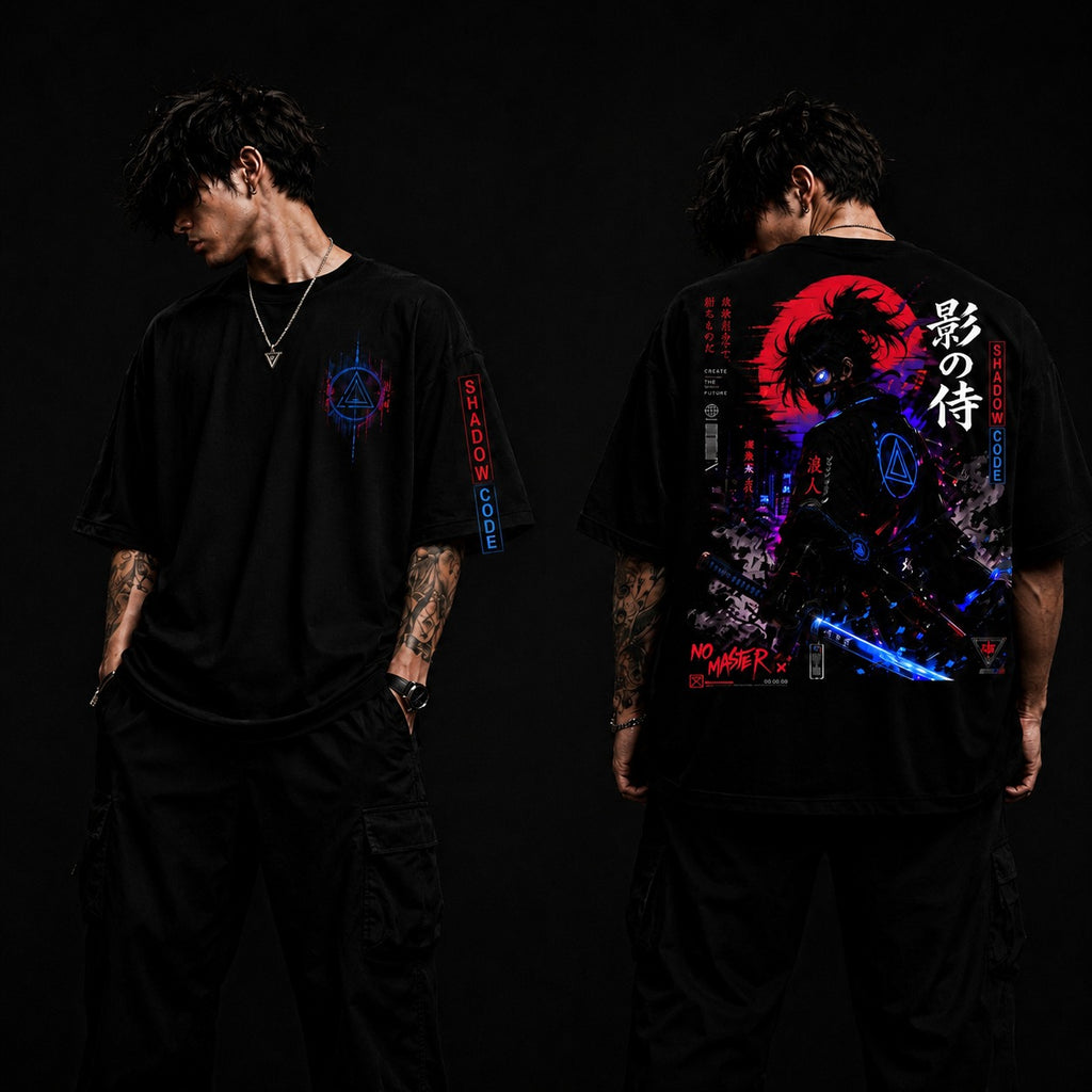 Person wearing a black t-shirt with a colorful graphic design on the front and back against a dark background.