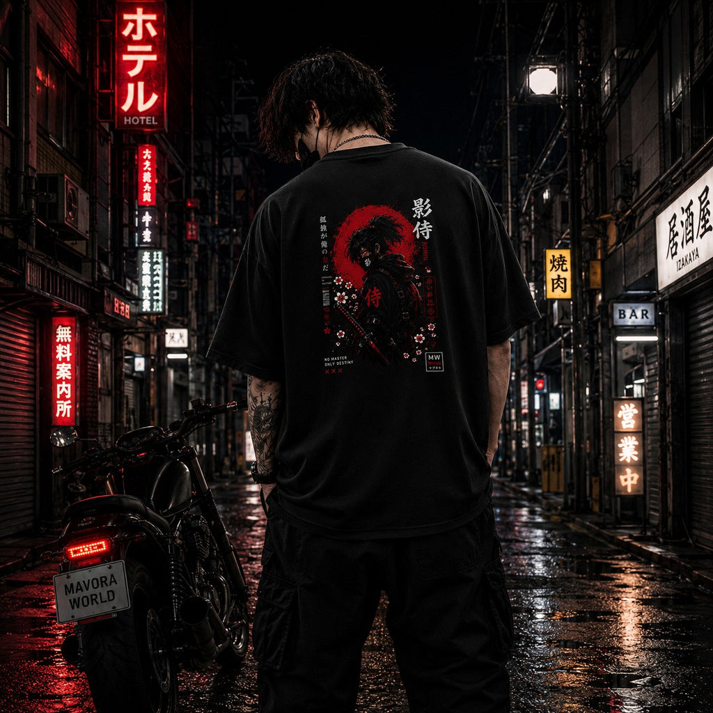Person wearing a black t-shirt with a graphic design in a neon-lit urban alleyway.