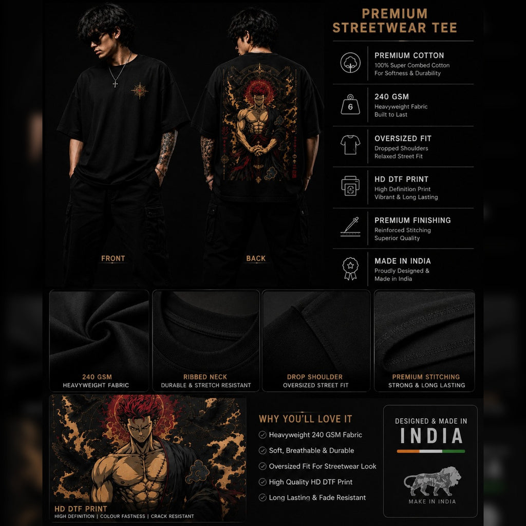 Black streetwear tee with graphic design on front and back, displayed with product details.
