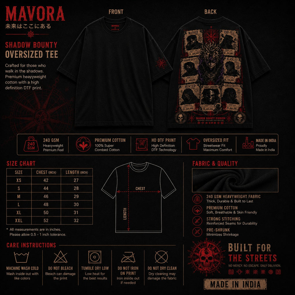 Black oversized tee with front and back designs, size chart, and fabric information on a black background.