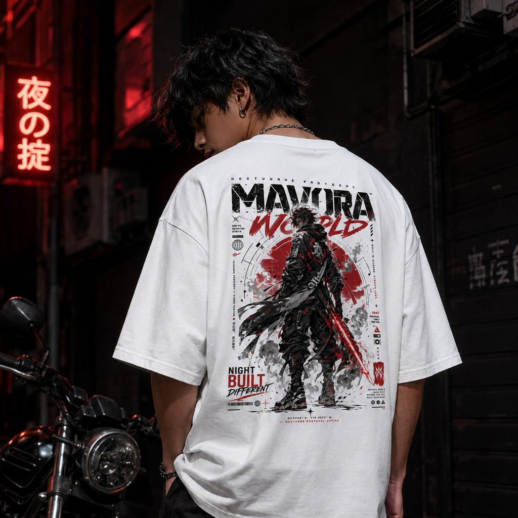 Person wearing a white t-shirt with a graphic design and text, standing in a dark alleyway with neon signs.